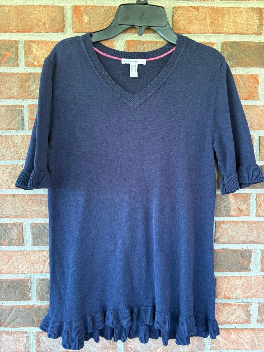 Charter Club Navy V-Neck Ruffle-Hem Short Sleeve Knit Top